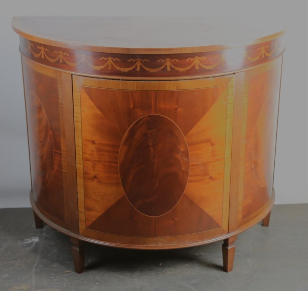 ENGLISH FINE INLAID MAHOGANY DEMILUNE CONSOLE: English fine inlaid Mahogany demilune console. Note: Each lot in this auction was stored in an active industrial warehouse. Accordingly, lots may exhibit dust and/or surface residue and may benefit fr