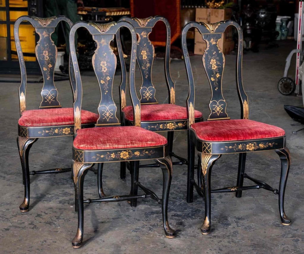 ENGLISH EBONIZED & GILT QUEEN ANNE SIDE CHAIRS (1 of 4)