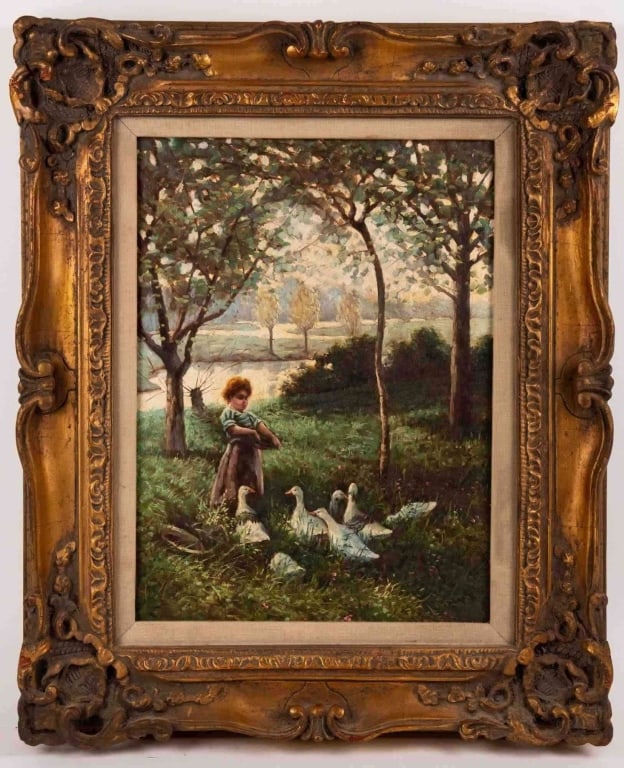 CHILD AND GEESE SCENE, OIL ON BOARD: Oil on board pastoral of a young girl tending geese in a sunlit meadow beside a river presented in a Gilt rococo style frame with linen liner apparently unsigned likely late 19th–early 20th c. Note: