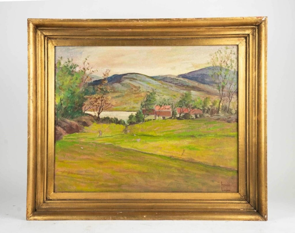 H. LINDER MOUNTAIN LANDSCAPE, OIL ON BOARD: H. Linder mountain landscape, oil on board signed to ll "harald Linder". Framed. Note: Each lot in this auction was stored in an active industrial warehouse. Accordingly, lots may exhibit dust and/or 