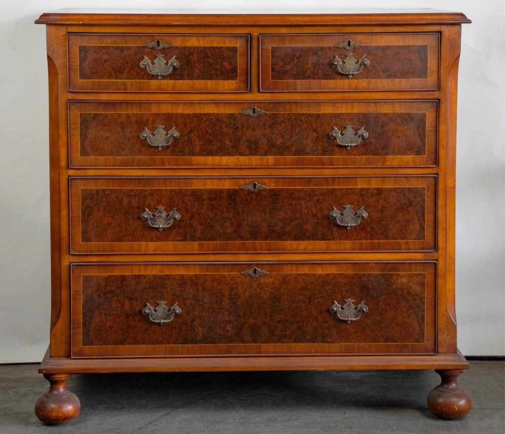 ENGLISH GEORGIAN STYLE BURL CHEST OF DRAWERS (1 of 5)
