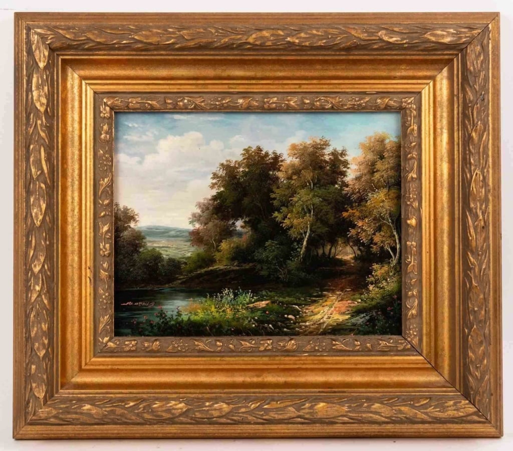 SIGNED SUMMER LANDSCAPE, OIL ON BOARD: Oil on board. Signed to lr. Framed. Note: Each lot in this auction was stored in an active industrial warehouse. Accordingly, lots may exhibit dust and/or surface residue and may benefit from cleaning