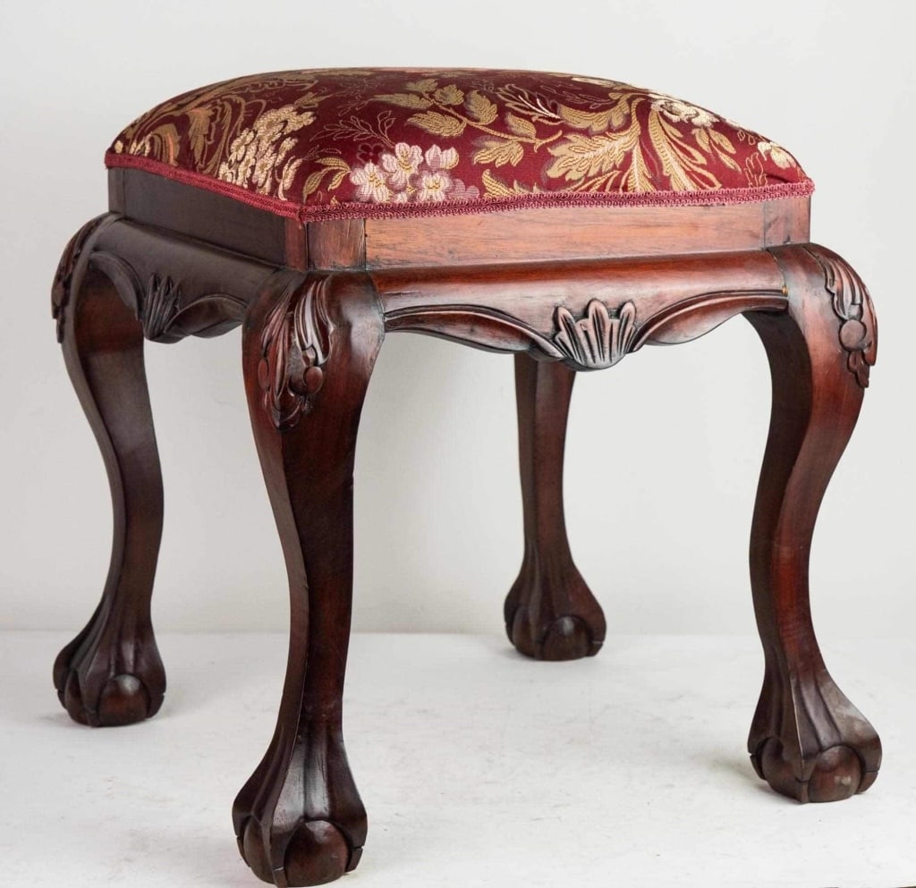 CHIPENDALE STYLE MAHOGANY CUSTOM UPHOLSTERY STOOL: Chippendale style Mahogany custom upholstery stool. Note: Each lot in this auction was stored in an active industrial warehouse. Accordingly, lots may exhibit dust and/or surface residue and may benef