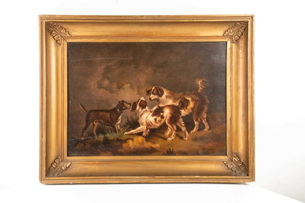 HUNTING DOGS SCENE ANTIQUE O/B PAINTING FRAMED (1 of 6)