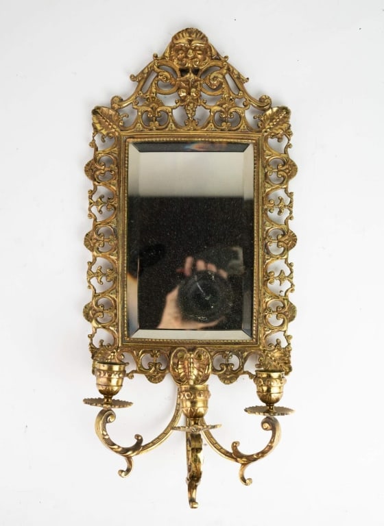 ITALIAN BRASS THREE ARM CANDLE SCONCE WITH MIRROR (1 of 5)