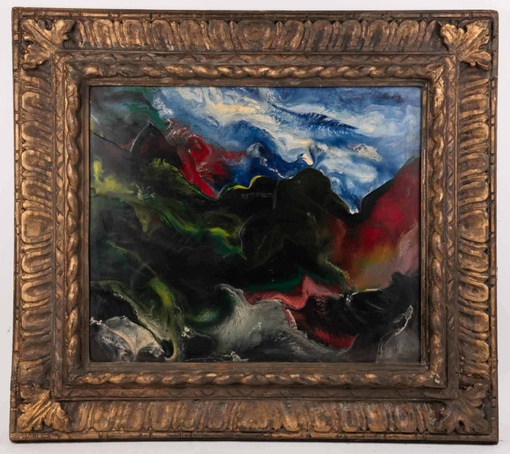 BILL BRAY STORM ENCAUSTIC ON PANEL: Encaustic on panel; signed and dated bill bray 71 lower right; titled storm on high museum art shop label affixed to reverse; carved Gilt frame. Note: Each lot in this auction was stored in an active 