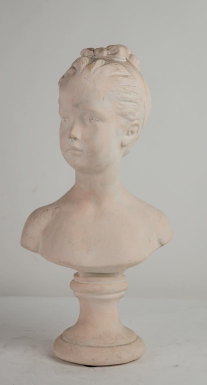 TERRACOTTA BUST OF A YOUNG GIRL: Terracotta bust of a young girl. Note: Each lot in this auction was stored in an active industrial warehouse. Accordingly, lots may exhibit dust and/or surface residue and may benefit from cleaning. A