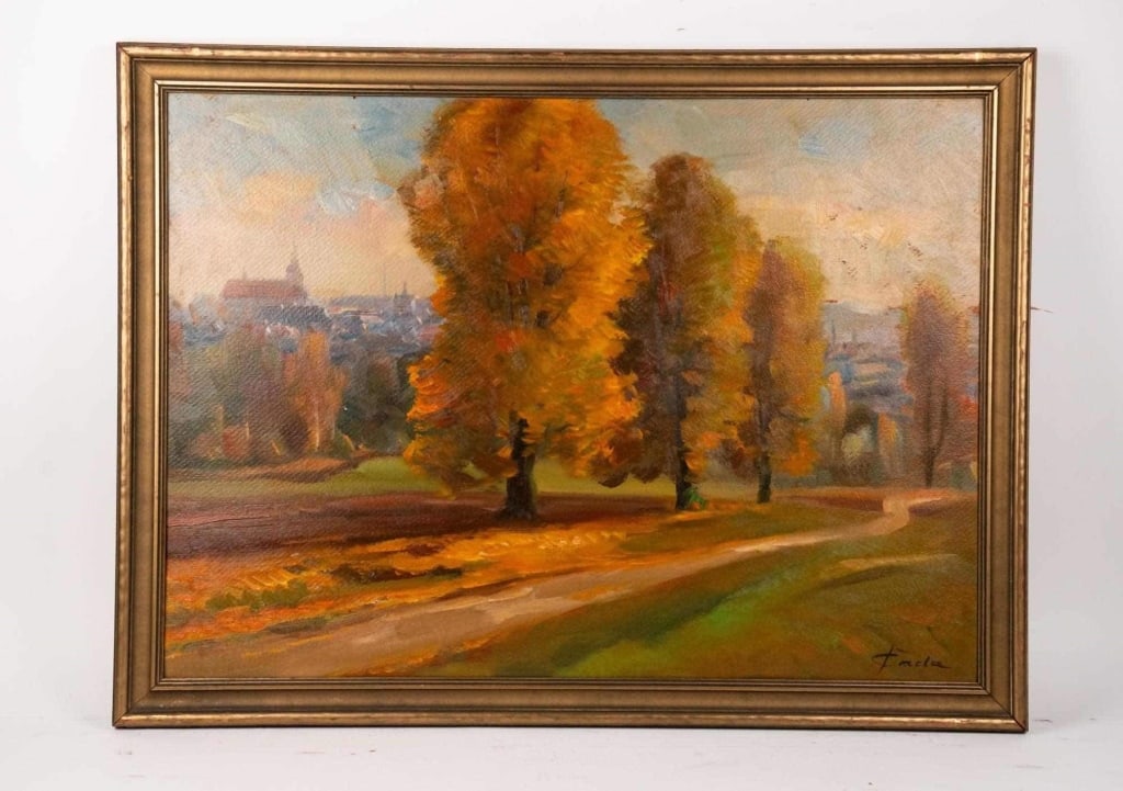 CONTINENTAL SCHOOL AUTUMN LANDSCAPE WITH TREES OIL: Oil on board signed illegibly appears facla lower right Gilt frame. Writing on the back indicates a personal message from Frantiska Pilarova to Mrs. Stiborska and landscape is of Usti nad Orlici. Date