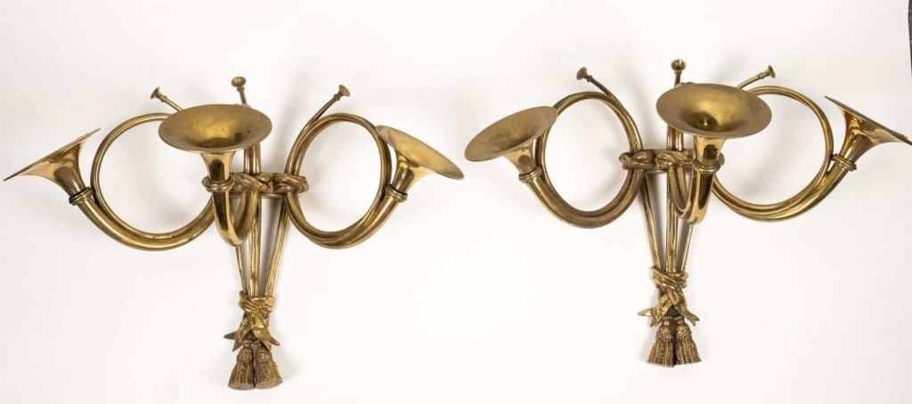 ENGLISH HUNTING HORN THREE ARM WALL SCONCES (1 of 7)