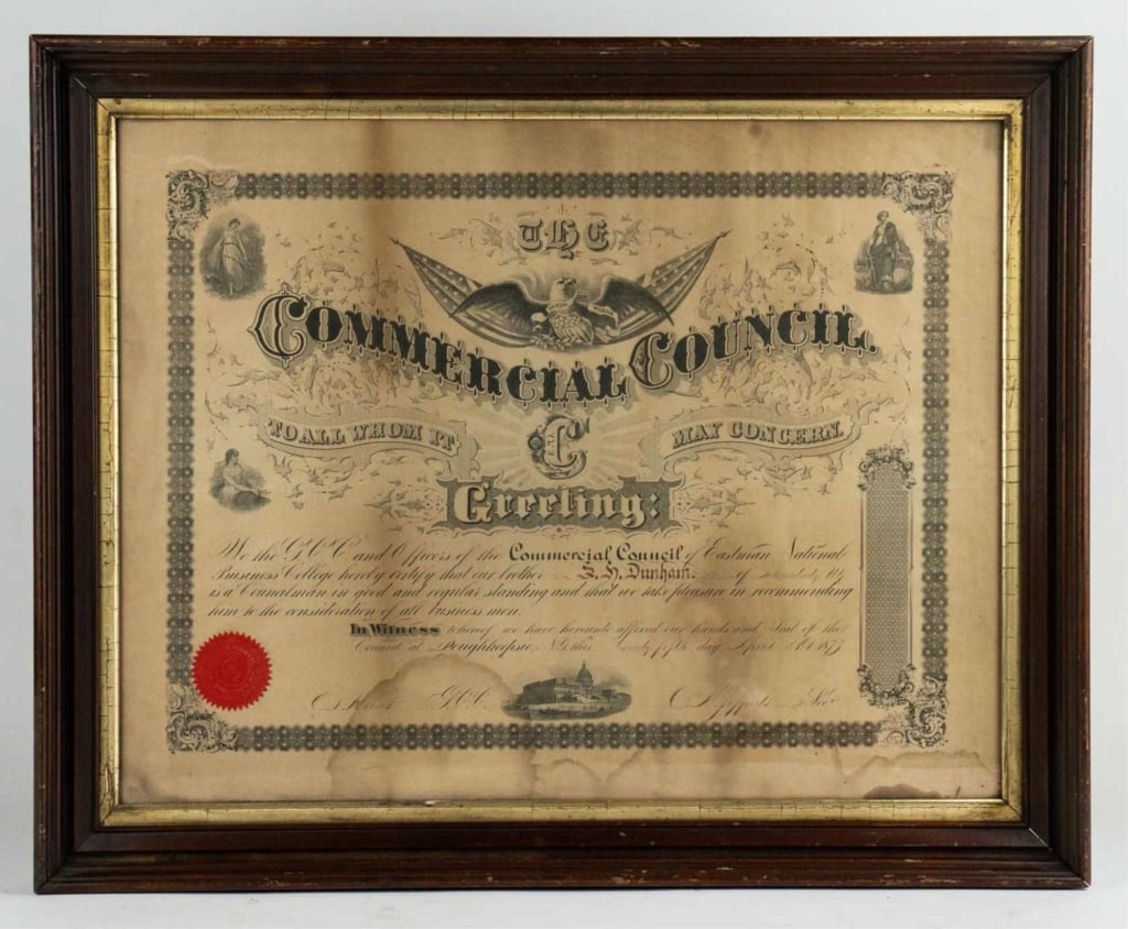 COMMERCIAL COUNCIL DIPLOMA: Commercial council diploma. Note: Each lot in this auction was stored in an active industrial warehouse. Accordingly, lots may exhibit dust and/or surface residue and may benefit from cleaning. Approx