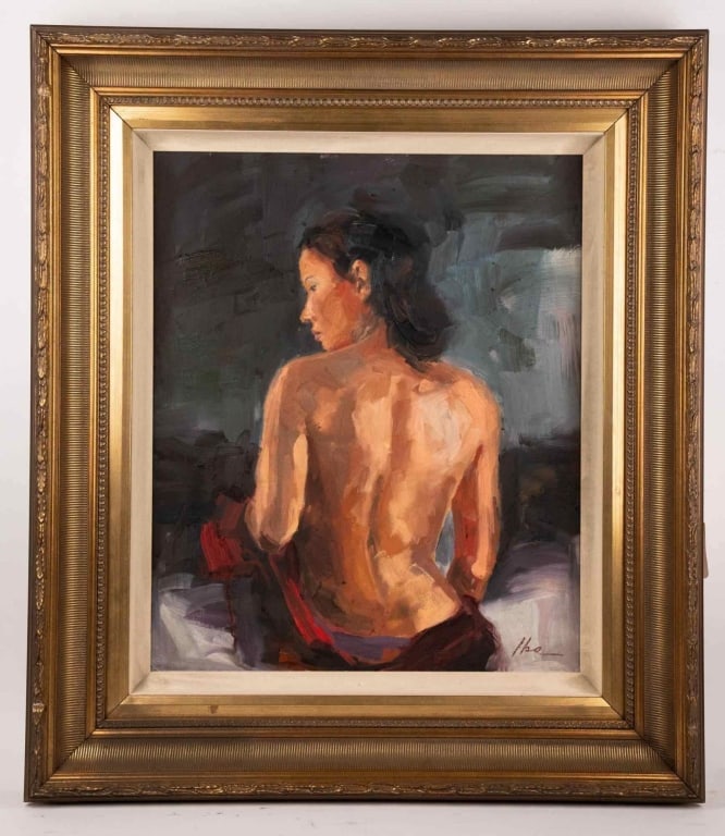 O. IBE 20TH C. NUDE FEMALE PORTRAIT, OIL ON CANVAS: Oil on canvas. Signed to lr by Nigerian artist Onyeka Ibe. Framed. Note: Each lot in this auction was stored in an active industrial warehouse. Accordingly, lots may exhibit dust and/or surface residu