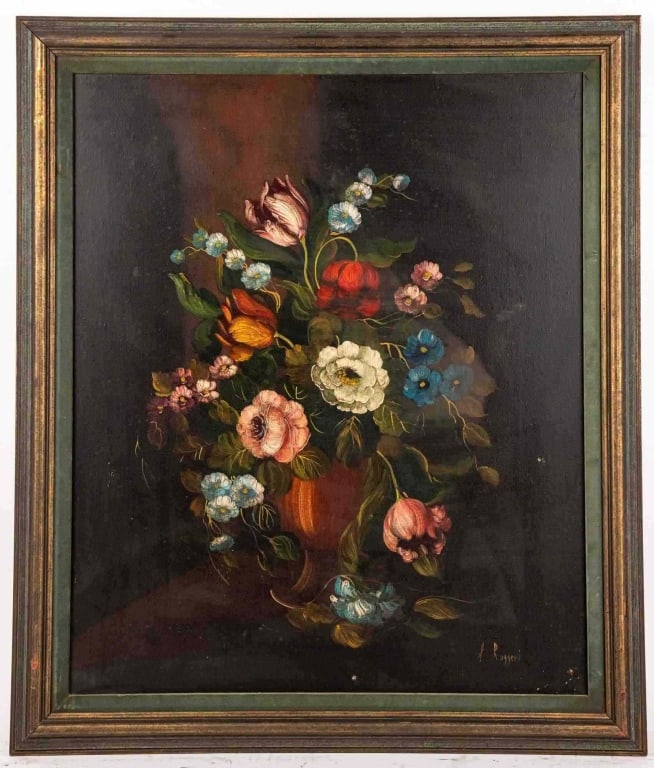 L. RUGGEVI, FLORAL STILL LIFE, OIL ON CANVAS: Oil on canvas. Signed to lr. Framed. Note: Each lot in this auction was stored in an active industrial warehouse. Accordingly, lots may exhibit dust and/or surface residue and may benefit from cleanin