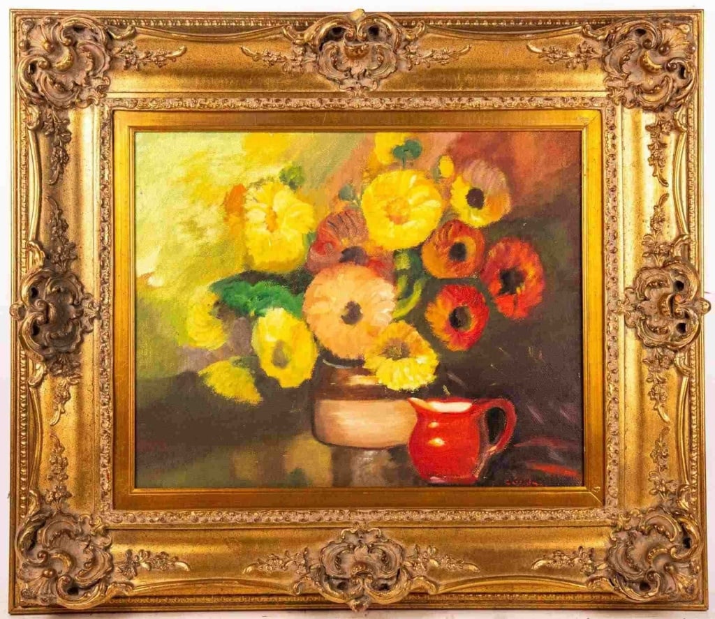 FLORAL STILL LIFE, OIL ON CANVAS: Oil on canvas. Signed to lr. Framed. Note: Each lot in this auction was stored in an active industrial warehouse. Accordingly, lots may exhibit dust and/or surface residue and may benefit from cleanin