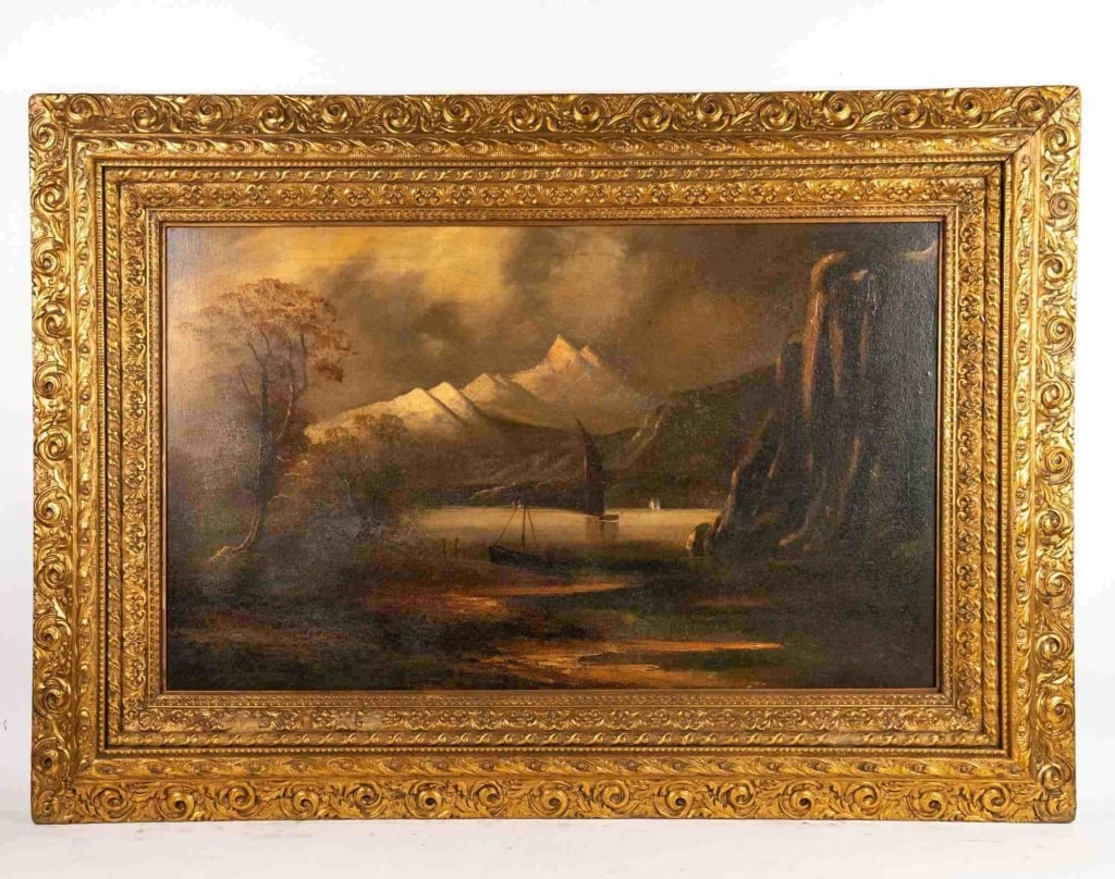 MOUNTAIN AND LAKE LANDSCAPE OIL ON BOARD FRAMED: Mountain and lake landscape oil on board framed. Note: Each lot in this auction was stored in an active industrial warehouse. Accordingly, lots may exhibit dust and/or surface residue and may benefit 