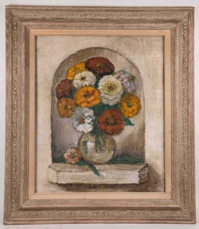 STILL LIFE ON BOARD: Oil on board. Signed to lr. Framed. Note: Each lot in this auction was stored in an active industrial warehouse. Accordingly, lots may exhibit dust and/or surface residue and may benefit from cleaning