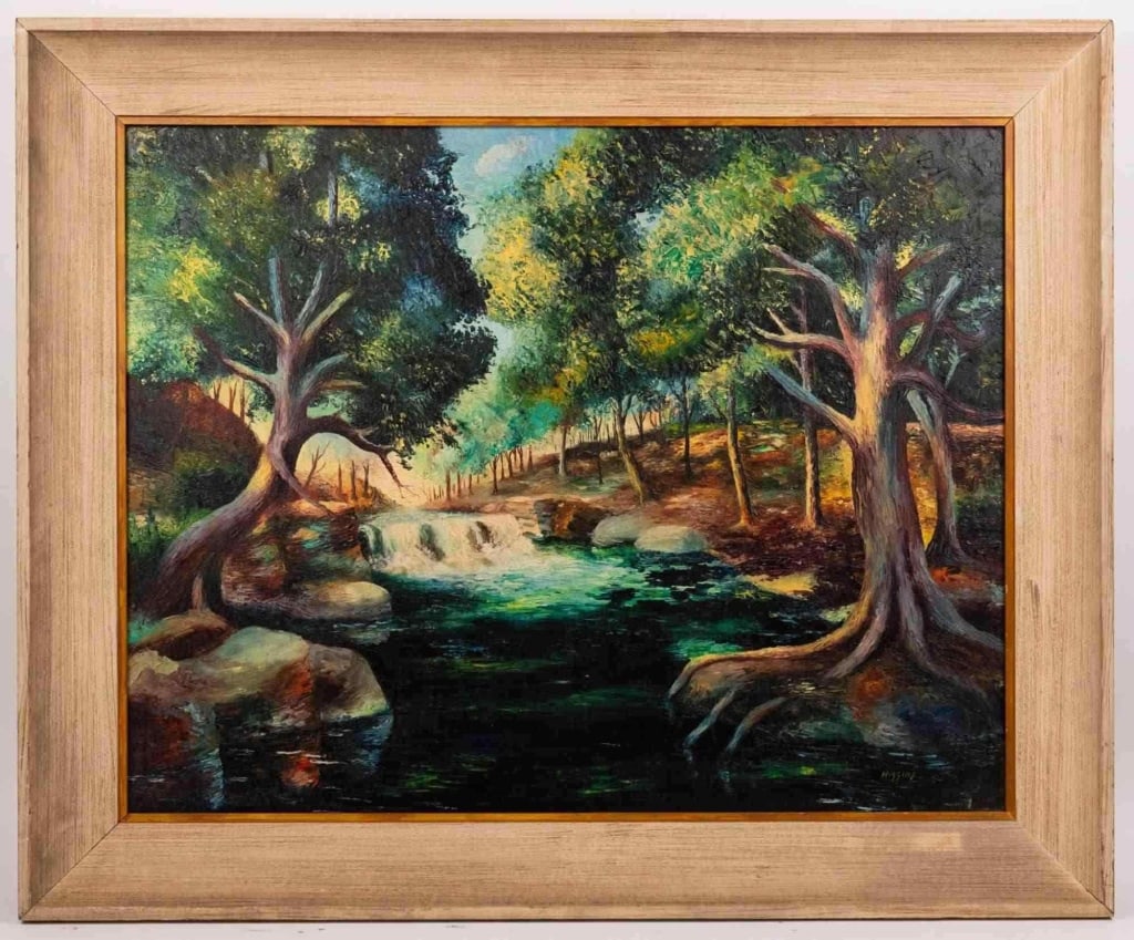 SURREALIST LANDSCAPE, OIL ON CANVAS: American school 20th century wooded stream with waterfall rendered in heavy impasto oil on canvas, signed Higgins lower right, presented in a painted wood frame with linen liner. Note: Each lot in thi