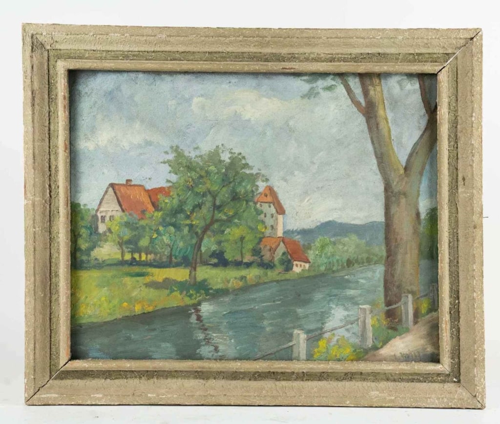 SIGNED EUROPEAN LANSCAPE OIL ON BOARD: Signed European landscape oil on board signed to lr. Framed. Note: Each lot in this auction was stored in an active industrial warehouse. Accordingly, lots may exhibit dust and/or surface residue and 