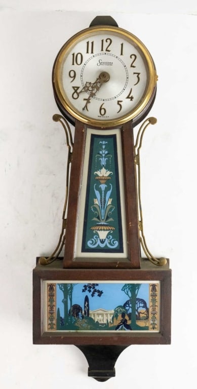 SESSIONS SELF STARTING BANJO VINTAGE CLOCK: Sessions self starting banjo vintage clock. Note: Each lot in this auction was stored in an active industrial warehouse. Accordingly, lots may exhibit dust and/or surface residue and may benefit from