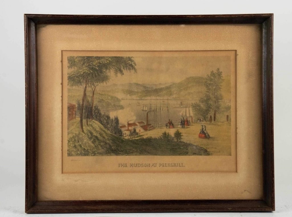 ANTIQUE CURRIERE IVES 'THE HUDSON AT PICKSKEEL': Antique currier Ives 'the Hudson at pickskeel' lithograph on paper. Unsigned. Framed. Note: Each lot in this auction was stored in an active industrial warehouse. Accordingly, lots may exhibit dust an