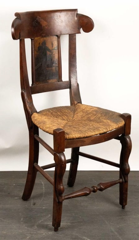 FRENCH ANTIQUE RUSH SEAT AND PAINTED BACK: French antique rush seat and painted back. Note: Each lot in this auction was stored in an active industrial warehouse. Accordingly, lots may exhibit dust and/or surface residue and may benefit from c