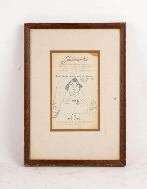 INK DRAWING ON PAPER SCALAMANDRE RECIEPT FRAMED: Ink drawing on paper scalamandre receipt framed. Note: Each lot in this auction was stored in an active industrial warehouse. Accordingly, lots may exhibit dust and/or surface residue and may benefit 