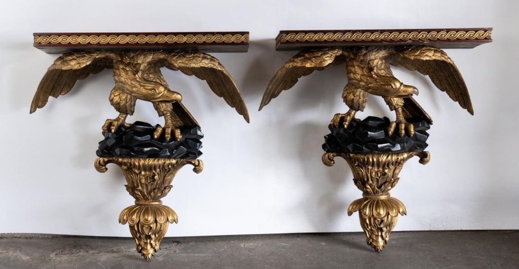 PAIR OF GILT EAGLE MOTIF WALL SHELVES (1 of 7)