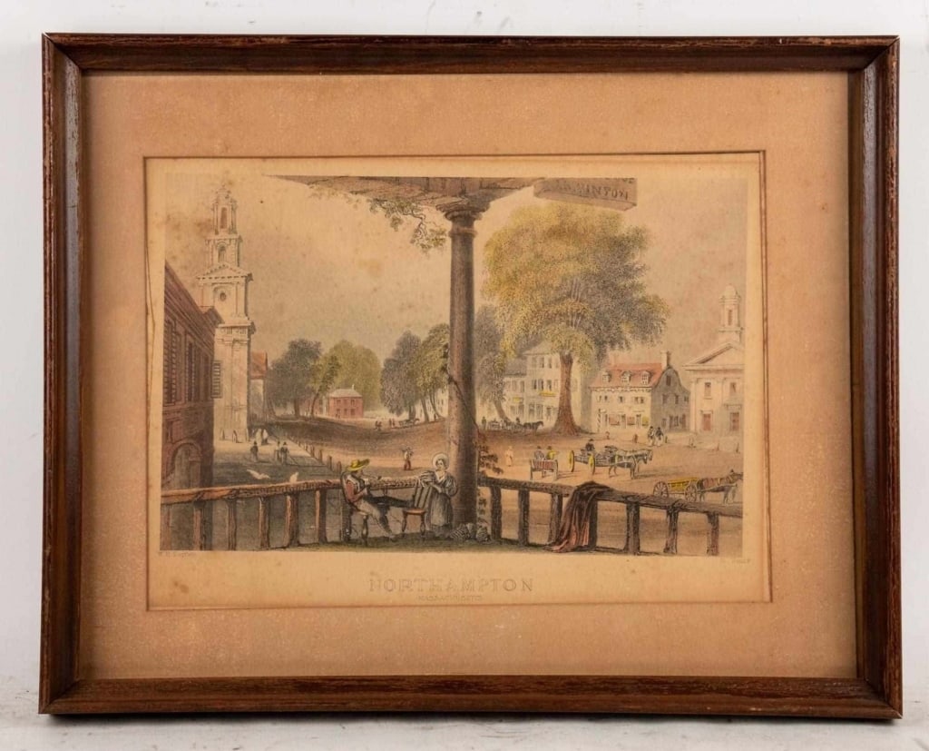 ANTIQUE COLORED ENGRAVING OF NORTHAMPTON, MASS: Antique colored engraving of Northampton, mass. Note: Each lot in this auction was stored in an active industrial warehouse. Accordingly, lots may exhibit dust and/or surface residue and may benefit f