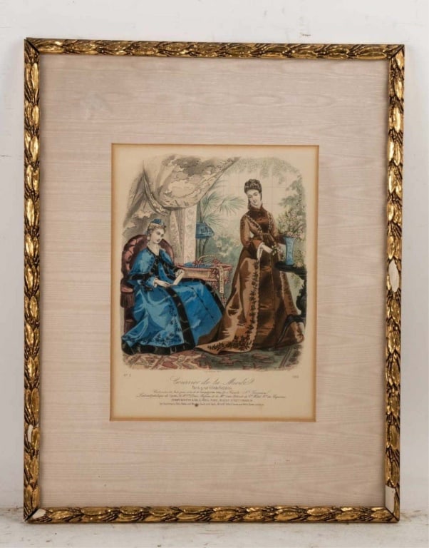 HAND COLORED ENGRAVING OF TWO WOMEN IN GILT FRAME (1 of 5)