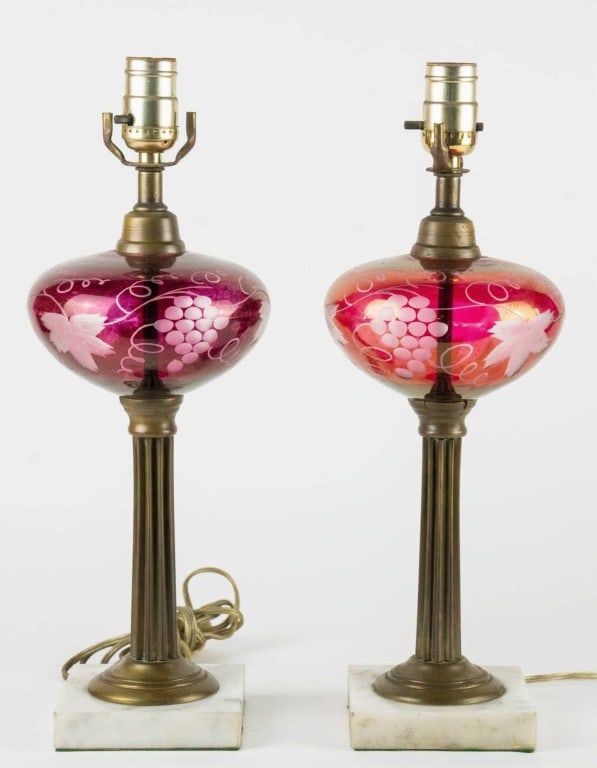 AMERICAN ANTIQUE CRANBERRY GLASS & MARBLE LAMPS: American antique cranberry glass & marble oil lamps. Note: Each lot in this auction was stored in an active industrial warehouse. Accordingly, lots may exhibit dust and/or surface residue and may bene