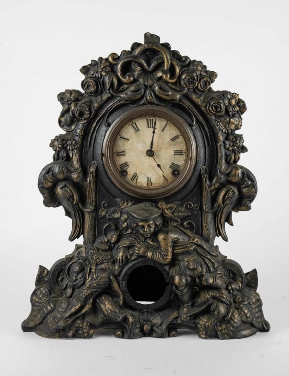 AMERICAN ANTIQUE IRONSIDE CLOCK: American antique ironside clock eight-day movement, time and chime, missing the pendulum window. Note: Each lot in this auction was stored in an active industrial warehouse. Accordingly, lots may exhi