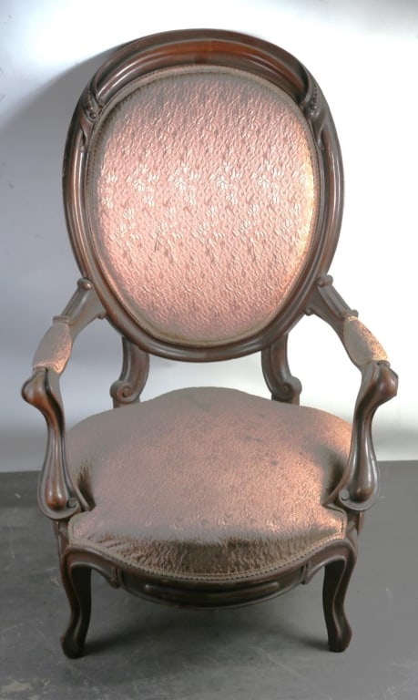 AMERICAN VICTORIAN MAHOGANY OVERSIZED PARLOR CHAIR: Victorian Mahogany oversized parlor chair. Note: Each lot in this auction was stored in an active industrial warehouse. Accordingly, lots may exhibit dust and/or surface residue and may benefit from c