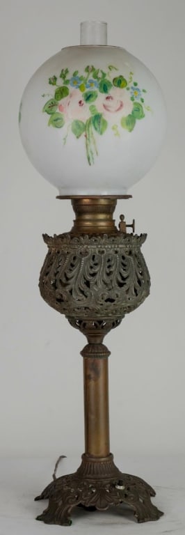 AMERICAN HURRICANE LAMP WITH PAINTED GLOBE SHADE: American hurricane oil conversion lamp with painted globe shade. Note: Each lot in this auction was stored in an active industrial warehouse. Accordingly, lots may exhibit dust and/or surface residue 