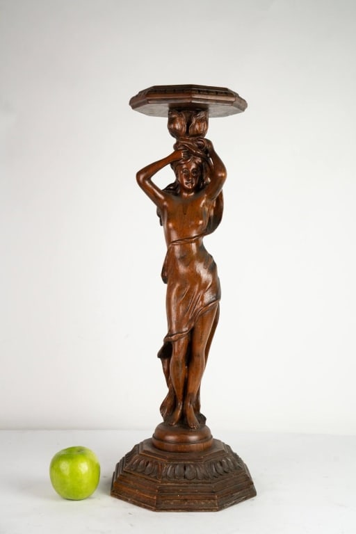 AMERICAN CARVED FEMALE FIGURE FERN STAND: American carved female figure fern stand. Note: Each lot in this auction was stored in an active industrial warehouse. Accordingly, lots may exhibit dust and/or surface residue and may benefit from cl