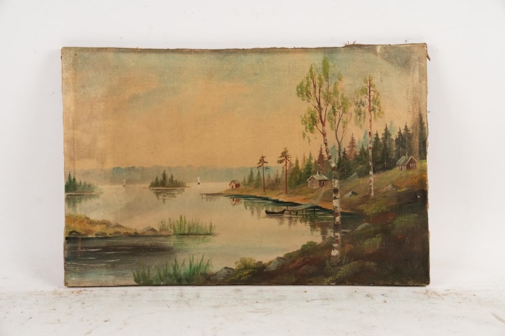 A LAKE SHORE AT SUMMER O/C UNFRAMED: A lake shore at summer o/c unframed. Note: Each lot in this auction was stored in an active industrial warehouse. Accordingly, lots may exhibit dust and/or surface residue and may benefit from cleanin