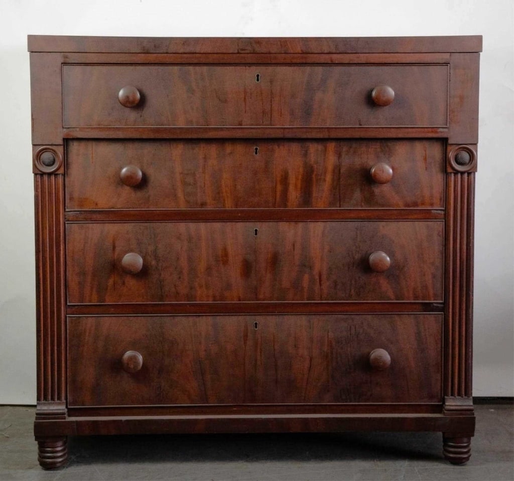 AMERICAN ANTIQUE EMPIRE MAHOGANY CHEST: American empire Mahogany chest original pulls. Note: Each lot in this auction was stored in an active industrial warehouse. Accordingly, lots may exhibit dust and/or surface residue and may benefit fr