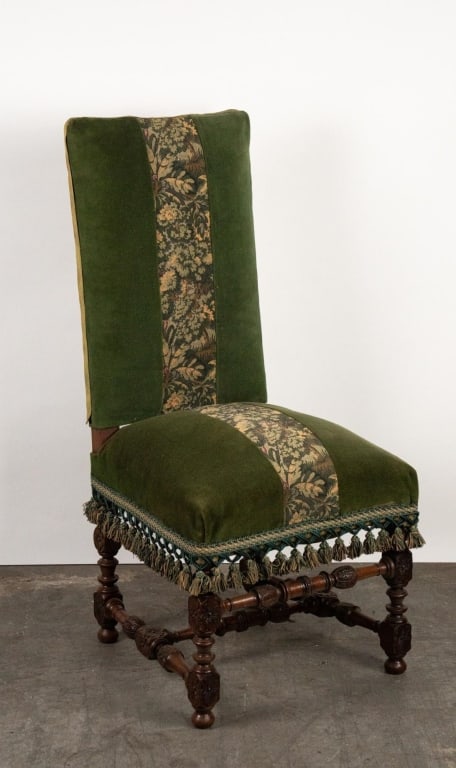 FRENCH ANTIQUE CHAIR: French antique chair with upholstered seat and back in velvet with tapestry running down the center of back & seat. Tassel trim around base of chair. Carved and turned stretcher and support. Note: Eac