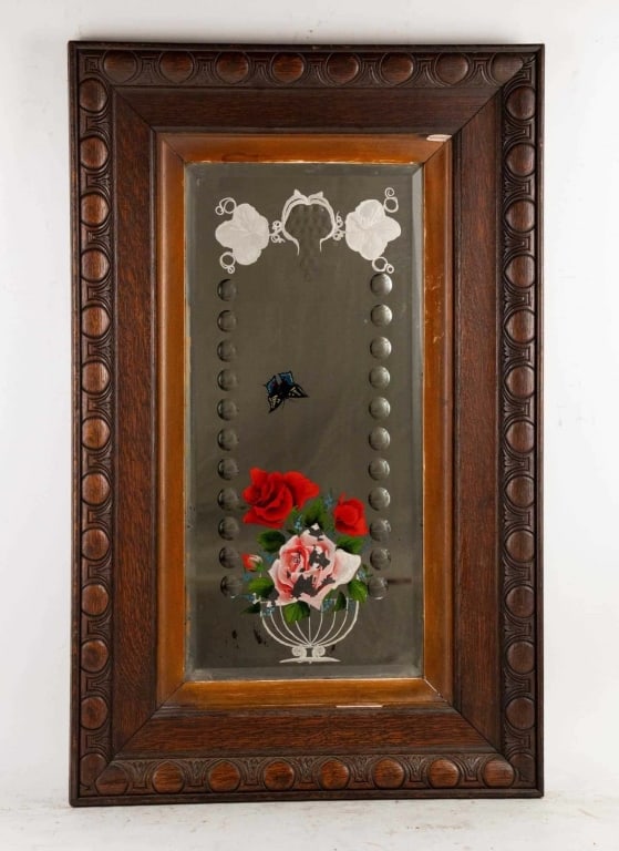 CARVED WOOD ARTS AND CRAFTS STYLE PAINTED MIRROR: Carved wood arts and crafts style painted mirror. Note: Each lot in this auction was stored in an active industrial warehouse. Accordingly, lots may exhibit dust and/or surface residue and may benefit