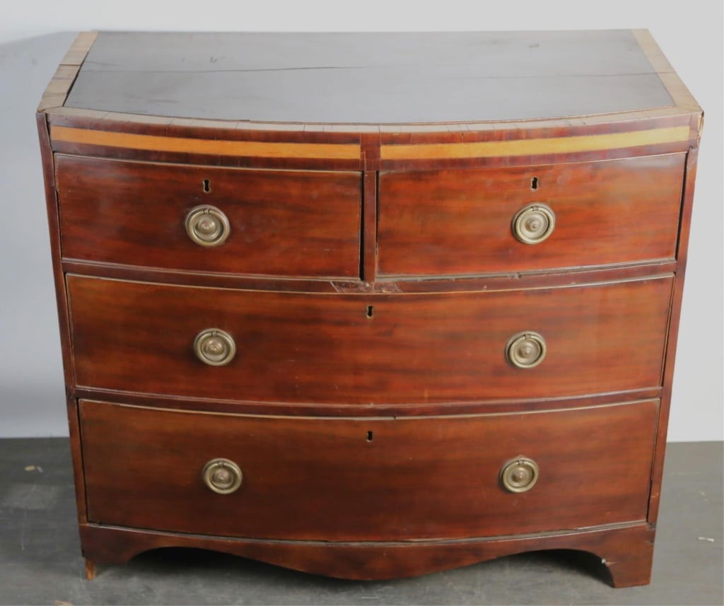 AMERICAN 19TH C. BOW FRONT CHEST OF DRAWERS (1 of 7)