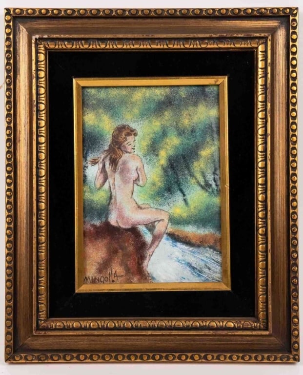 MINGOLLA, NUDE PORTRAIT OF A LADY, OIL ON TILE: Painted ceramic depicting a seated nude bather beside a stream with stippled color field signed mingolla lower left presented in a Gilt frame with velvet mat likely late 20th c. Note: Each lot in this