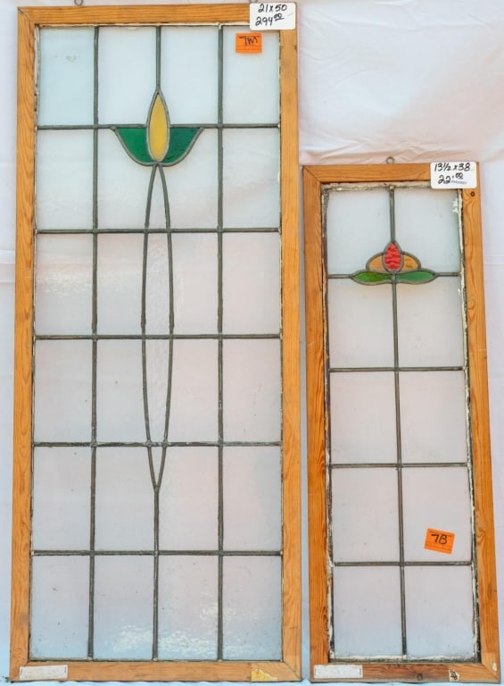 TWO ENGL ART DECO STAINED GLASS PANELS: Two English Art Deco stained glass panels. Approximate dimensions: h. 50", w. 21" Disclaimer: This is an online court ordered bankruptcy sale. Participating bidders must have a credit card on file wit