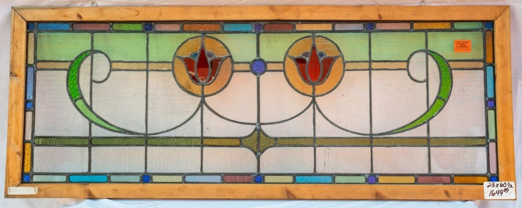 FRENCH ART NOUVEAU STAINED GLASS PANEL: French Art Nouveau stained glass panel. Approximate dimensions: h. 23", w. 16.5" Disclaimer: This is an online court ordered bankruptcy sale. Participating bidders must have a credit card on file with