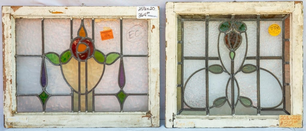 TWO FRENCH ART NOUVEAU STAINED GLASS PANELS: Two French Art Nouveau stained glass panels with a refined floral motif. Approximate dimensions: h. 20", w. 25.5" Disclaimer: This is an online court ordered bankruptcy sale. Participating bidders mus