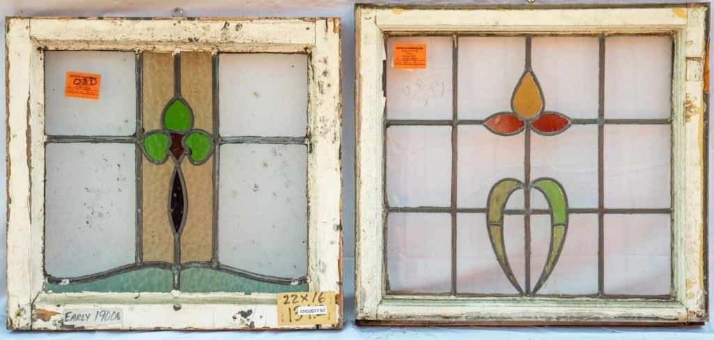 TWO FRENCH ART NOUVEAU STAINED GLASS PANELS: Two French Art Nouveau stained glass panels with a floral motif. Approximate dimensions: h. 23", w. 17" Disclaimer: This is an online court ordered bankruptcy sale. Participating bidders must have a c