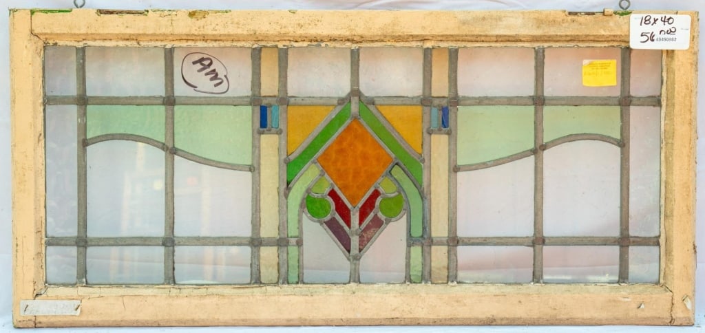 FRENCH ART NOUVEAU STAINED GLASS PANEL: French Art Nouveau stained glass panel with leaded stained glass panels. Approximate dimensions: h. 18", w. 40" Disclaimer: This is an online court ordered bankruptcy sale. Participating bidders must