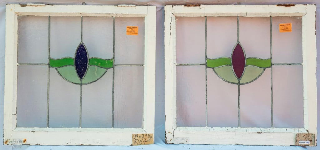 PAIR OF FRENCH ART DECO STAINED GLASS PANELS: Pair of French Art Deco stained glass panels in purple, green, and chartreuse stained glass. Approximate dimensions: h. 24", w. 25.5" Disclaimer: This is an online court ordered bankruptcy sale. Parti