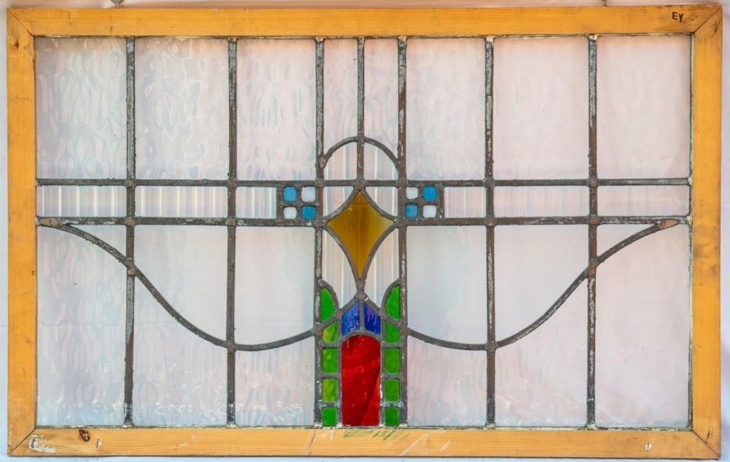 FRENCH ART DECO STAINED GLASS PANEL: French Art Deco stained glass panel. Approximate dimensions: h. 22", w. 34.25" Disclaimer: This is an online court ordered bankruptcy sale. Participating bidders must have a credit card on file with L