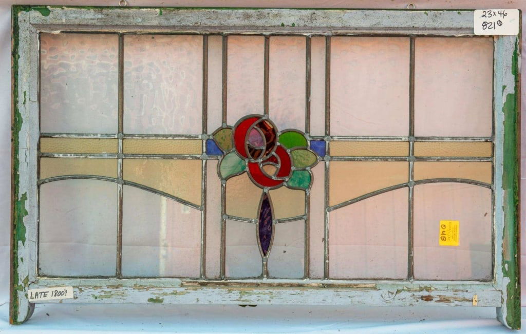 FRENCH ART NOUVEAU STAINED GLASS PANEL: French Art Nouveau stained glass panel with a rose motif and leaded colorless glass panels. Approximate dimensions: h. 23", w. 46" Disclaimer: This is an online court ordered bankruptcy sale. Particip