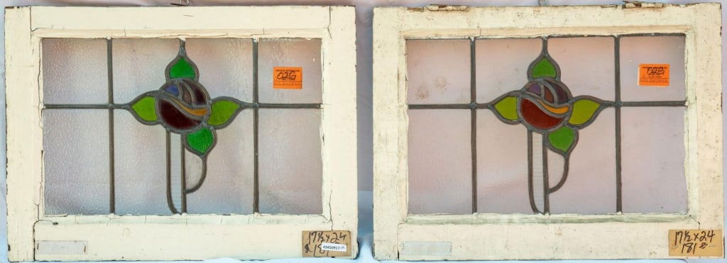 PAIR OF FRENCH ART NOUVEAU STAINED GLASS PANELS: Pair of French Art Nouveau stained glass panels with rose and leaf motifs. Approximate dimensions: h. 17.5", w. 24" Disclaimer: This is an online court ordered bankruptcy sale. Participating bidders m