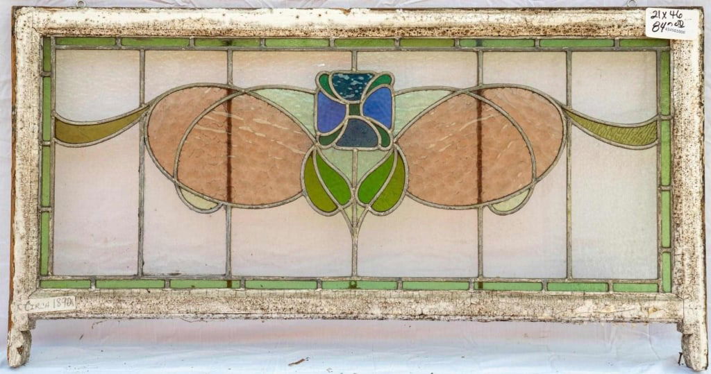 FRENCH ART NOUVEAU STAINED GLASS PANEL: French Art Nouveau stained glass panel with purple and green abstract motif accents. Approximate dimensions: h. 21", w. 46" Disclaimer: This is an online court ordered bankruptcy sale. Participating b