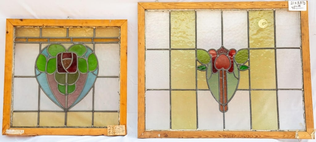 TWO FRENCH ART NOUVEAU STAINED GLASS PANELS: Two French Art Nouveau stained glass panels with a floral motif. Approximate dimensions: h. 21", w. 33.5" Disclaimer: This is an online court ordered bankruptcy sale. Participating bidders must have a